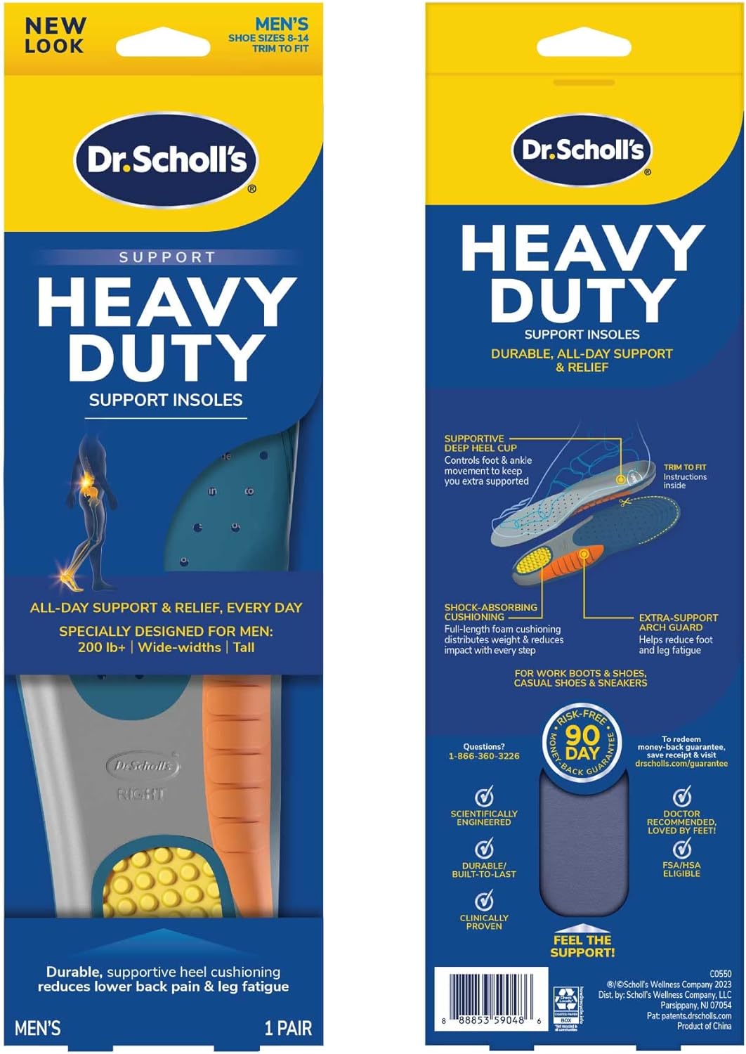 Dr. Scholls Heavy Duty Support Insole Orthotics, Big  Tall, 200lbs+, Wide Feet, Shock Absorbing, Arch Support, Distributes Pressure, Trim to Fit Inserts, Work Boots  Shoes, Men Size 8-14, 1 Pair