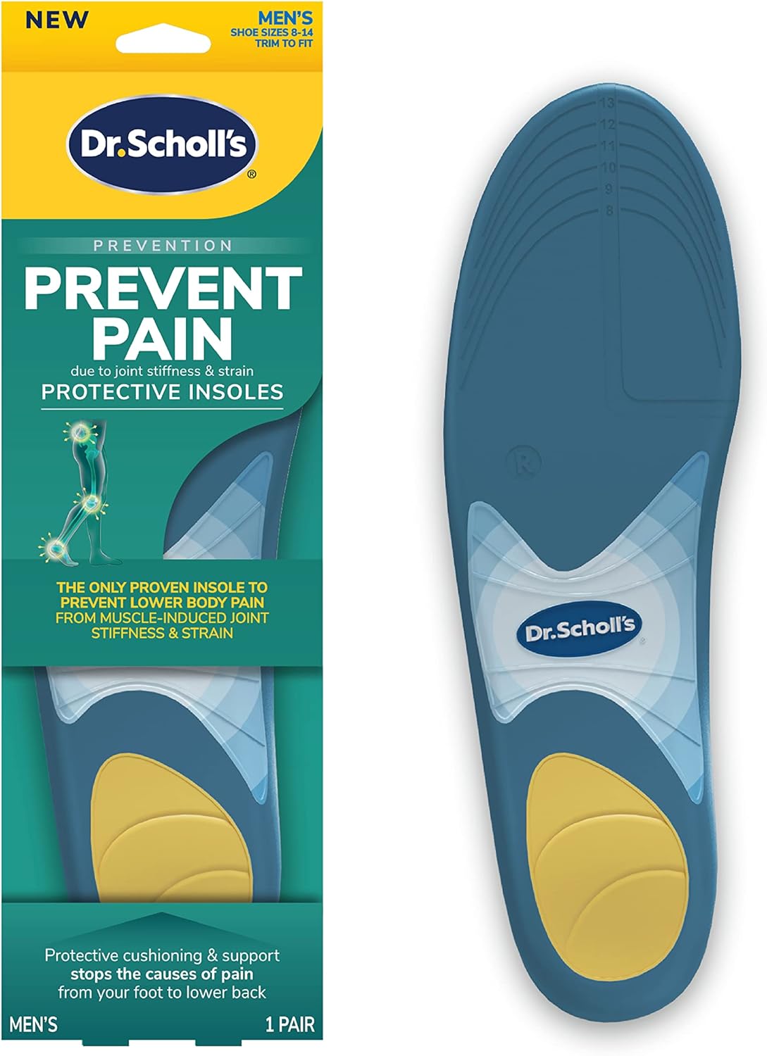 Dr. Scholls Prevent Pain Lower Body Protective Insoles, 1 Pair, Mens 8-14, Protects Against Foot, Knee, Heel, and Lower Back Pain, Trim to Fit Inserts