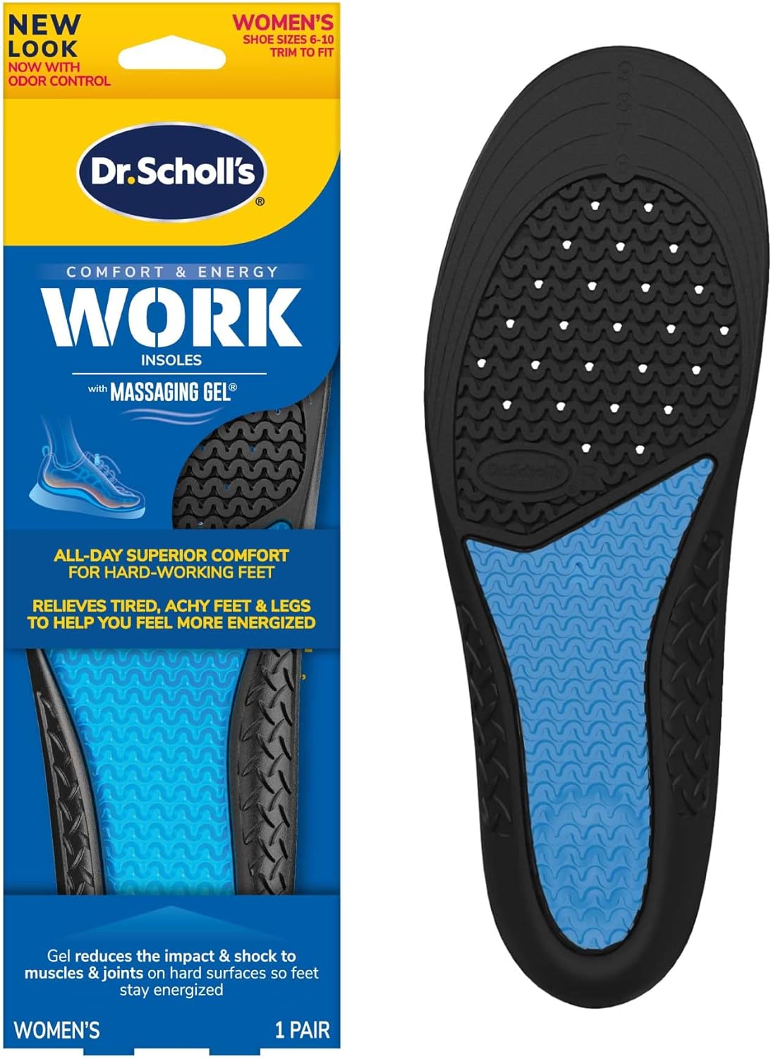 Dr. Scholls Work All-Day Superior Comfort Insoles with Massaging Gel®, On Feet All-Day, Shock Absorbing, Arch Support, Odor Control, Trim Inserts to Fit Work Boots and Shoes, Women Size 6-10, 1 Pair