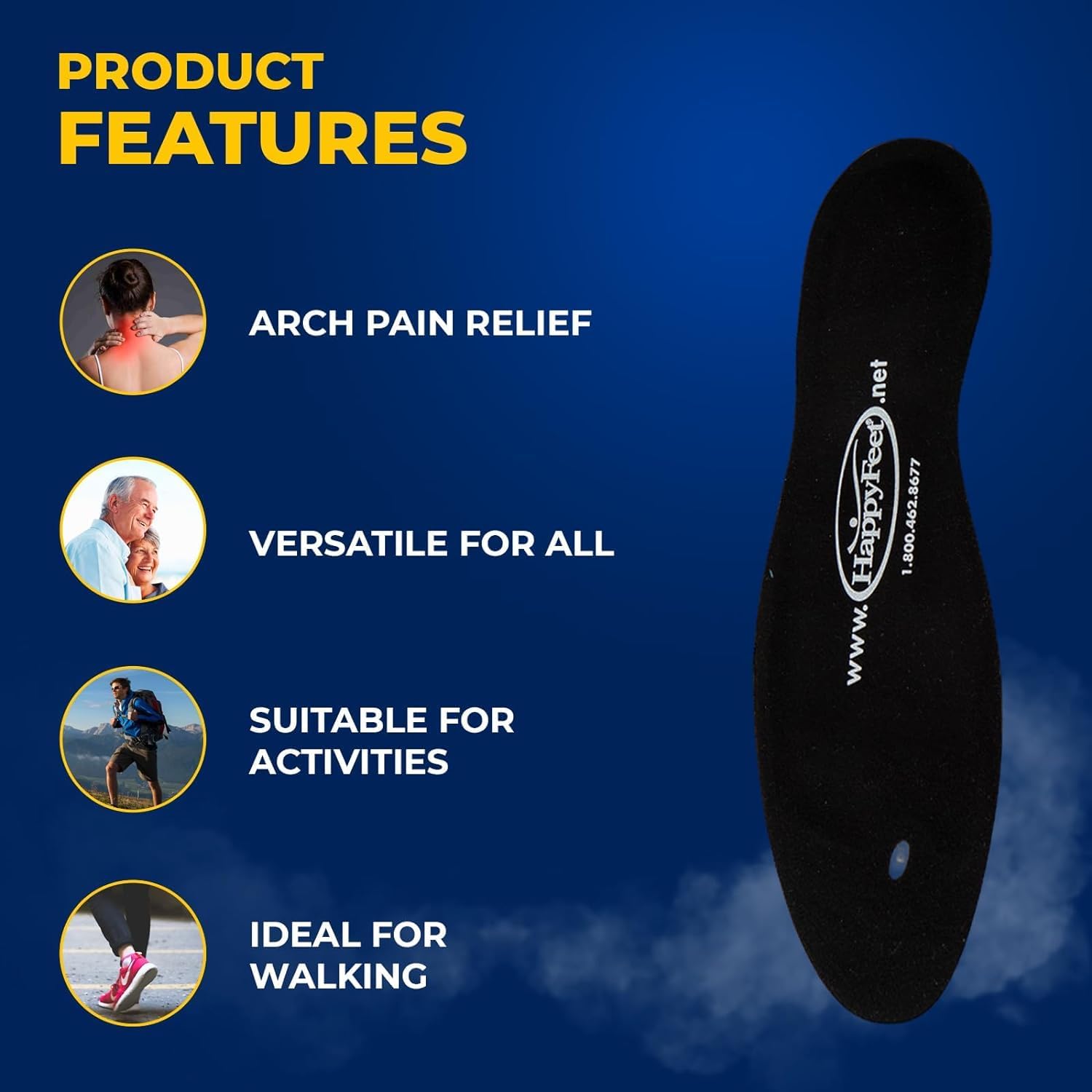 Happy Feet Plantar Fasciitis Flat Feet Orthotic High Arch Support Gel Insert Shoe Insoles for Mens and Womens