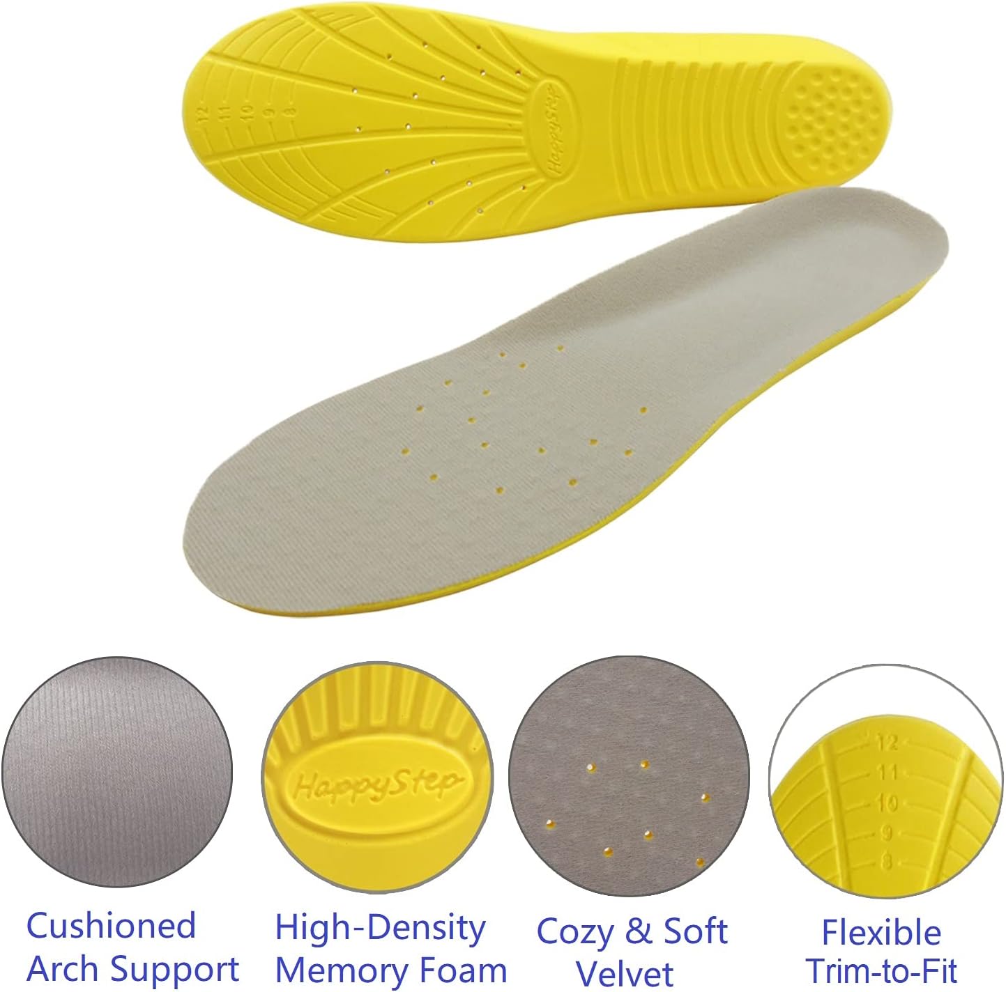 1 Pair Happystep Comfort Memory Foam Insoles, Orthotic PU Shoe Inserts, Arch Support, Heel Cushioning, Shock Absorption, Plantar Fasciitis Foot Pain Relief for Men and Women (US M: 8-12 or W: 9-14)