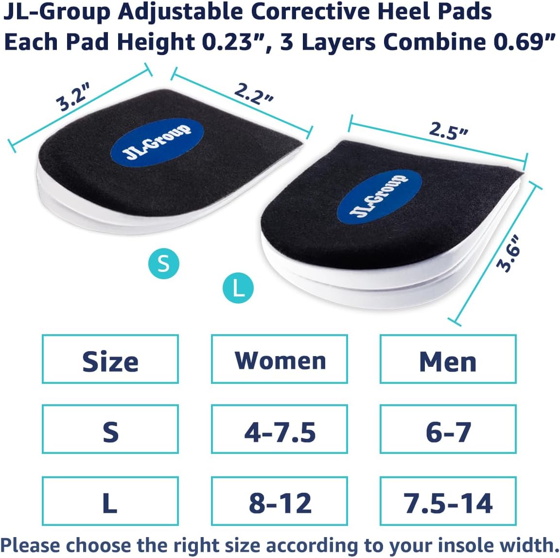 3 Layer Heel Wedge Inserts for Supination  Over Pronation, Microfabric Adjustable Corrective Insoles for Ankel Sprains, Bow Legs, Foot Alignment, Knee Pain (Large, Black)