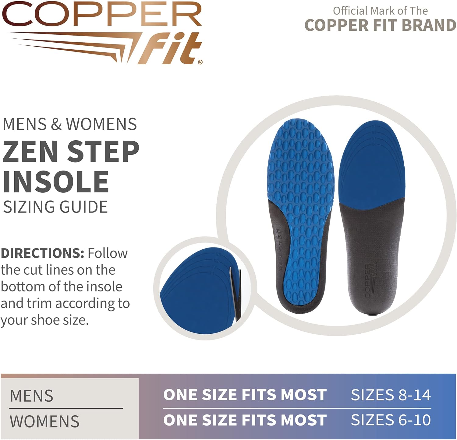 Copper Fit Mens Zen Step Comfort Insole, Size 8-14 Blue