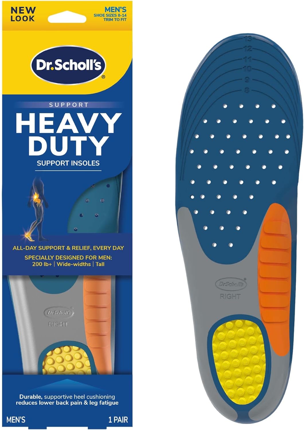 Dr. Scholls Heavy Duty Support Insole Orthotics, Big  Tall, 200lbs+, Wide Feet, Shock Absorbing, Arch Support, Distributes Pressure, Trim to Fit Inserts, Work Boots  Shoes, Men Size 8-14, 1 Pair