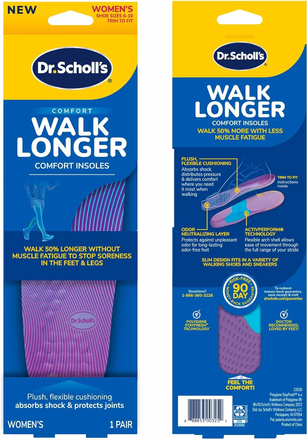Dr. Scholls Walk Longer Insoles, Comfortable Plush Foam Cushioning Inserts for Walking, Hiking, and Standing on Feet All-Day, Stop Soreness in Feet  Legs, Trim to Fit Womens Shoe Size 6-10, 1 Pair