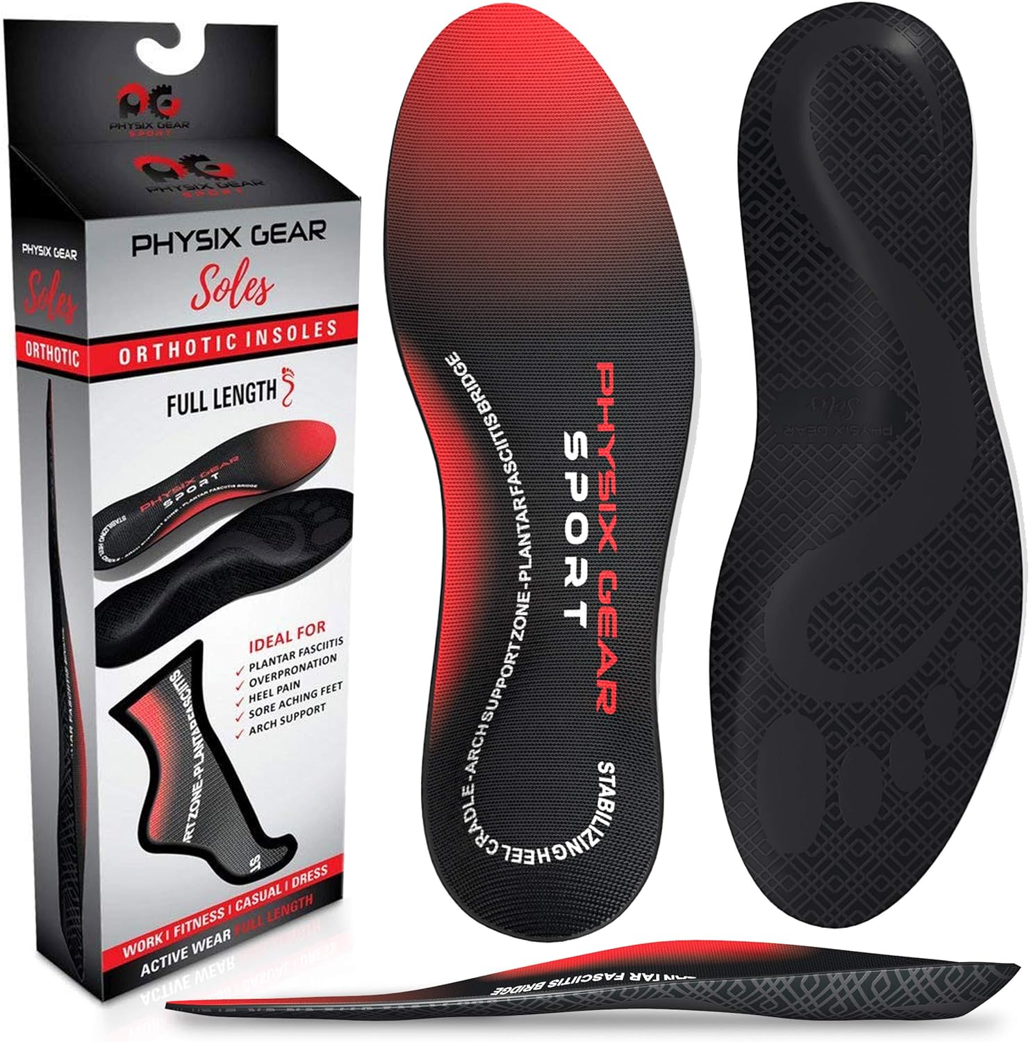 Physix Gear Plantar Fasciitis Feet Insoles Arch Supports Orthotics Inserts Relieve Flat Feet, High Arch - M
