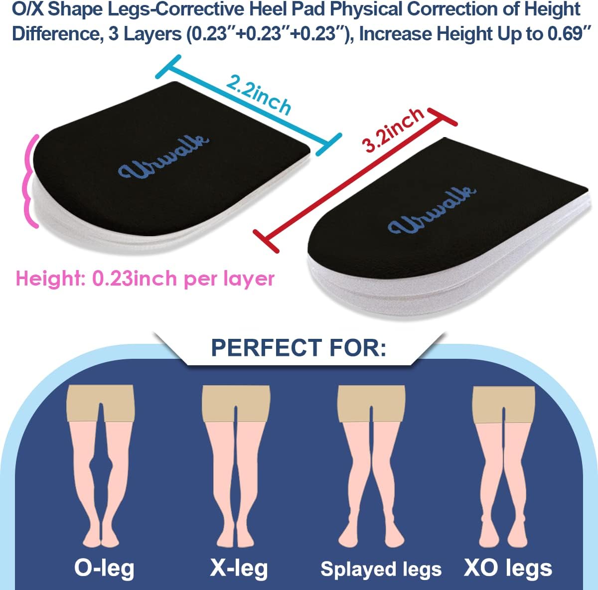 Urwalk 3 Layers Adjustable Supination Over - Pronation Adhesive Corrective Gel Shoe Inserts, Medial Lateral Heel Wedge Lifts for