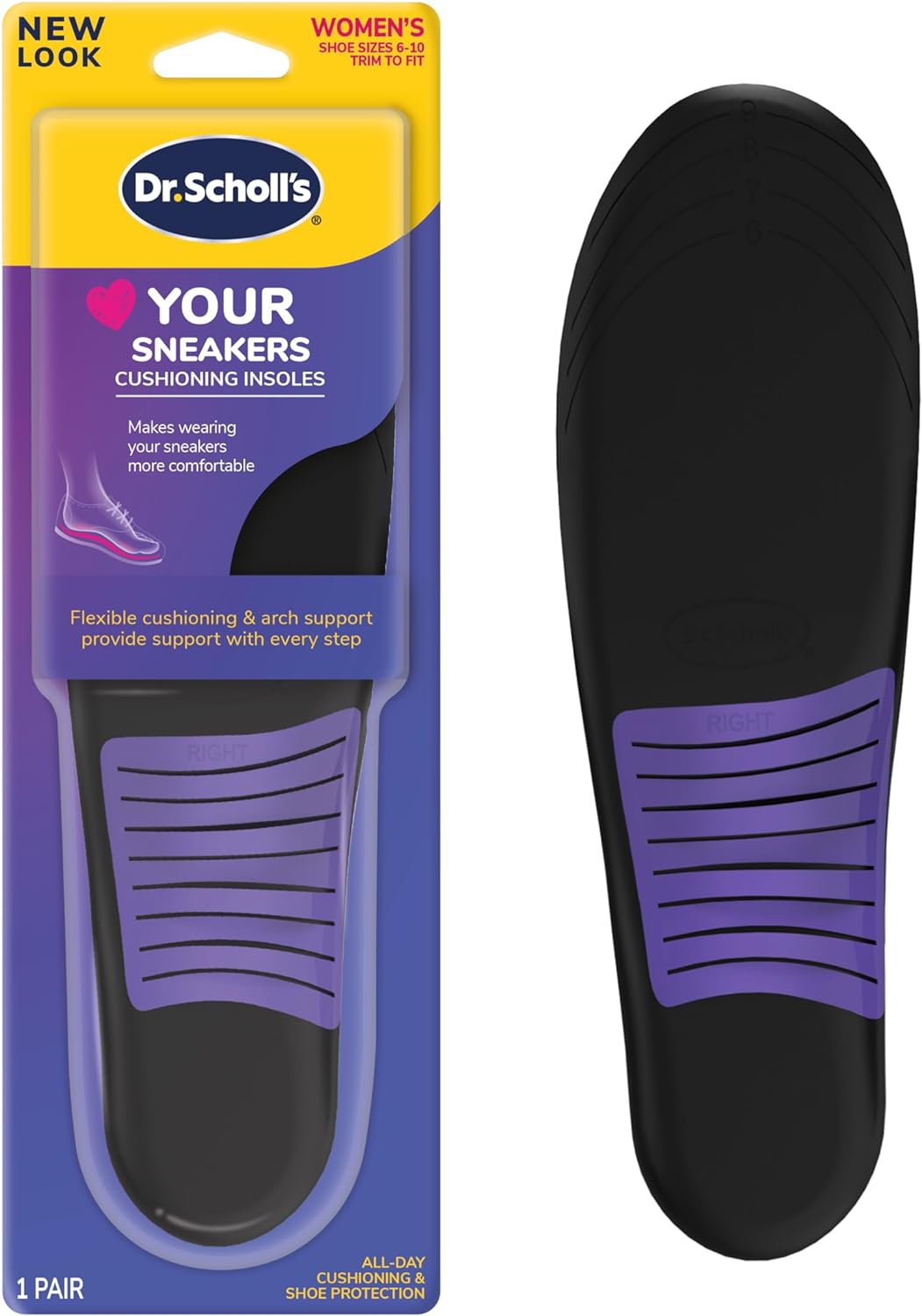 Dr. Scholls® Love Your Sneakers Full Length Insoles, All-Day Comfort for Slip on High Top Sneaker, Prevent Discomfort, Arch Support, Absorb Shock, Trim Insert to Fit Shoe, Women Size 6-10, 1 Pair