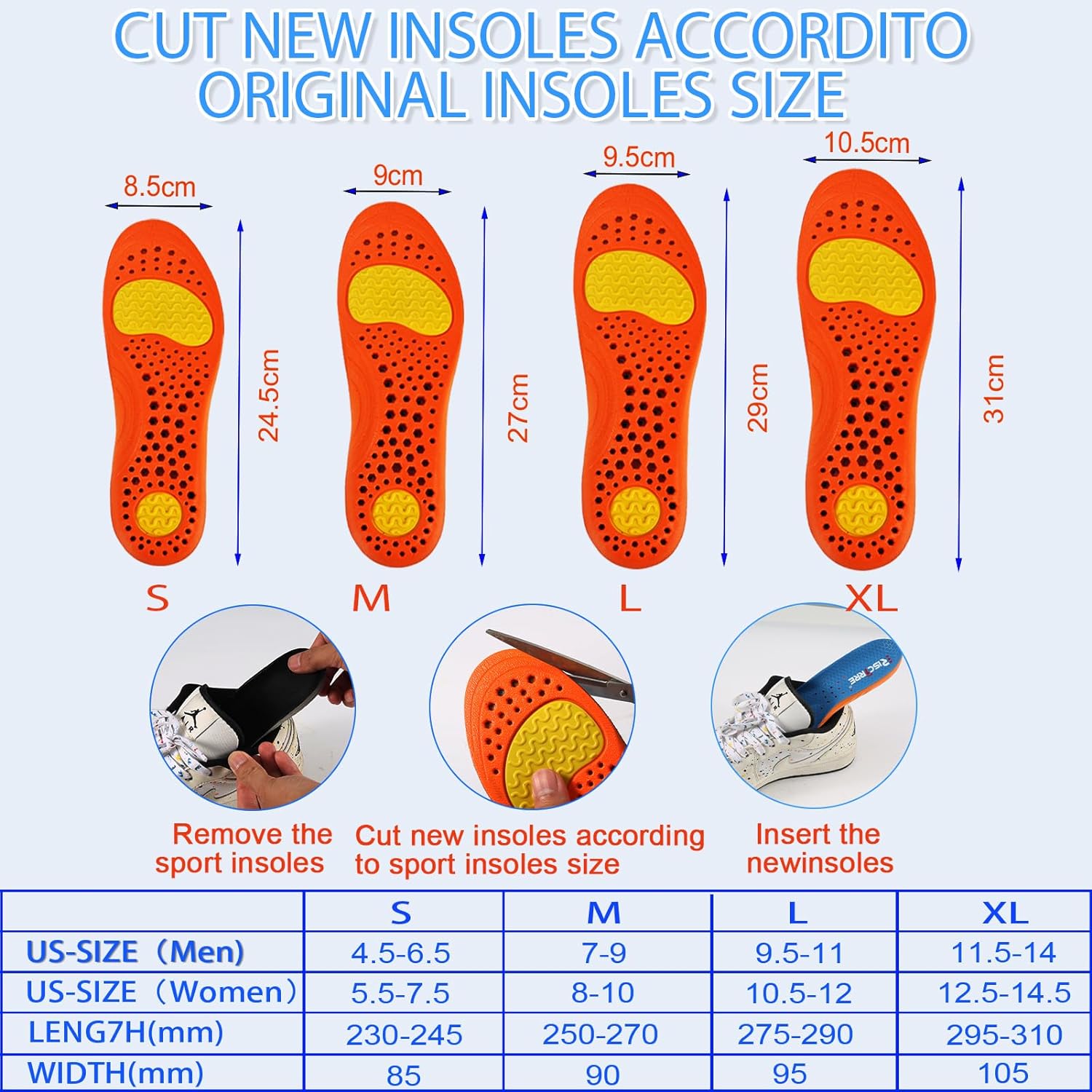 Insoles for Men and Women- Support Shock Absorption Cushioning Sports Comfort Inserts, Breathable Shoe Inner Soles for Running Walking Hiking Working