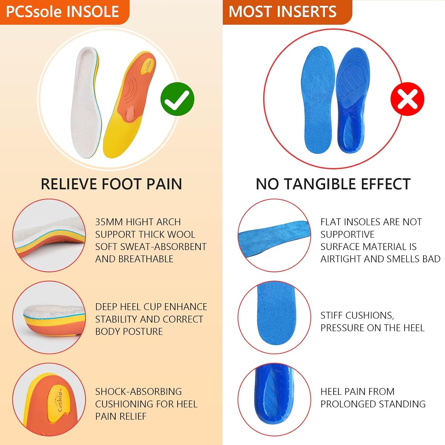 PCSsole Heavy Duty Arch Support Insoles,220+lbs Plantar Fasciitis Orthotic Insoles,Work Boot Shoe Insert for Flat Feet, Heel Pain,Pronation,Foot Pain Relief,Metatarsal Support.26cm Red