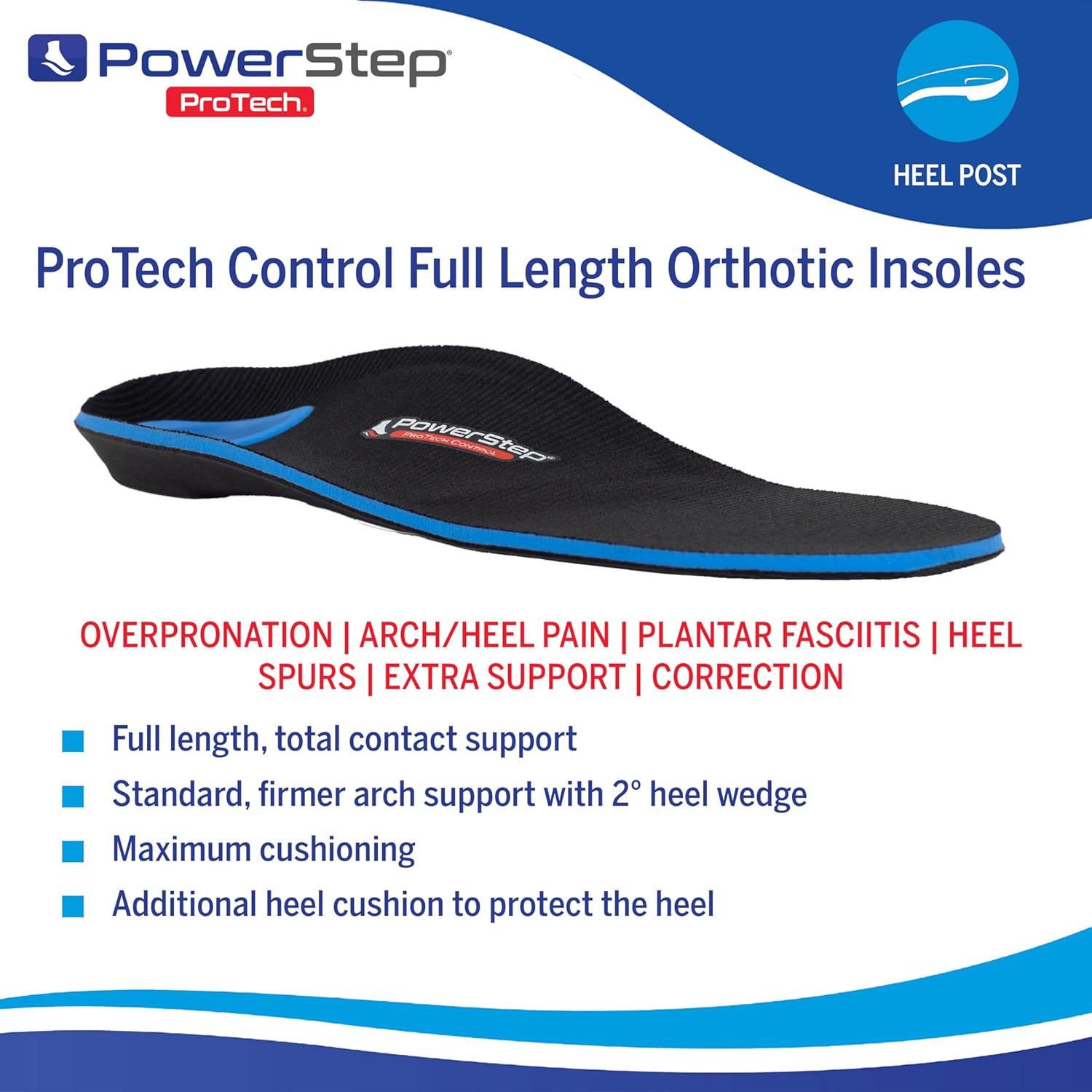 PowerStep ProTech Control Full Length Orthotic Insoles - Orthotics for Overpronation, Flat Feet and Heel Pain - Medical Grade Shoe Inserts with Maximum Cushioning for Arch Support (M 10-10.5 W 12)