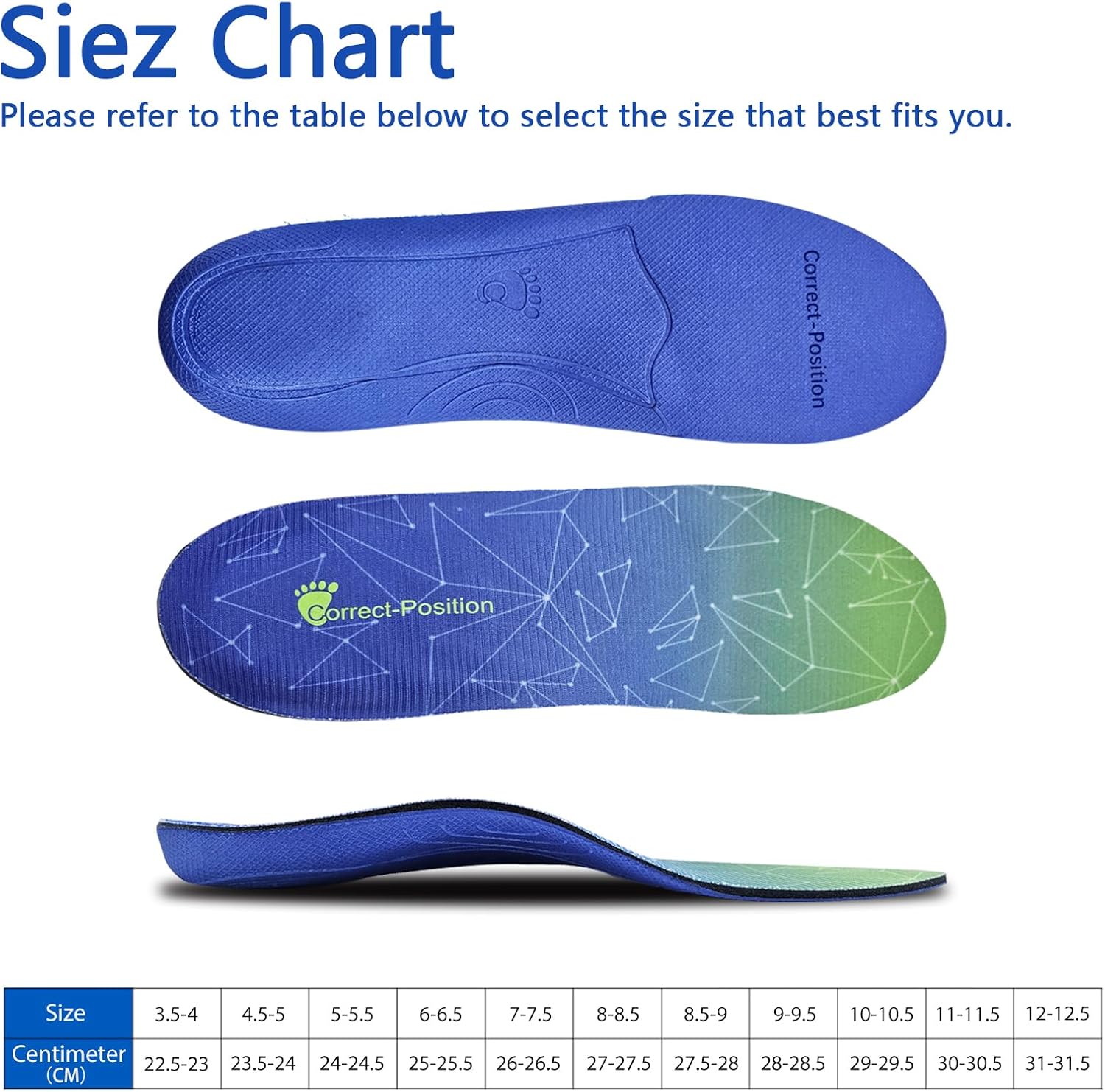 Arch Support Insoles for Plantar Fasciitis  Flat Feet – Pain Relief with Shock Absorbing Comfort Blue