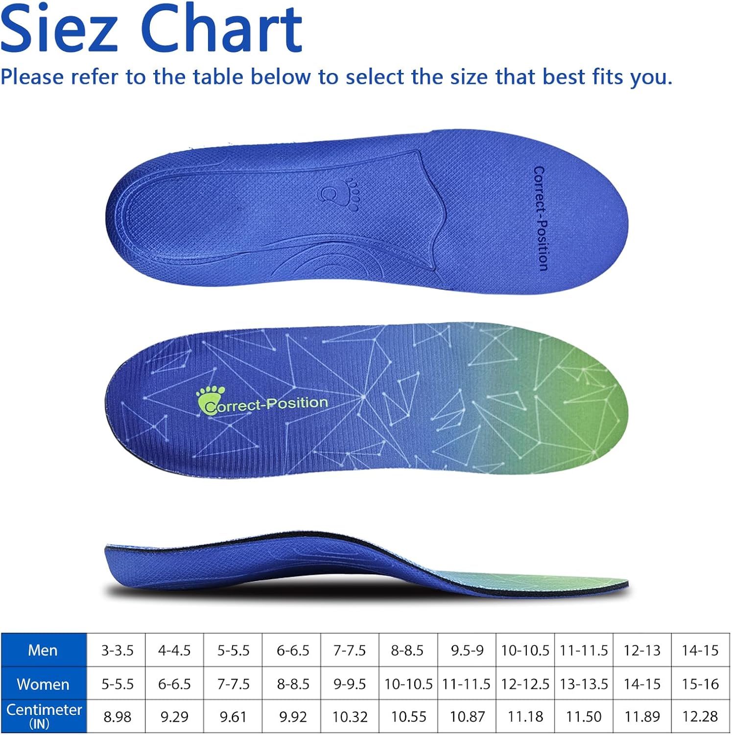 Arch Support Insoles for Plantar Fasciitis  Flat Feet – Pain Relief with Shock Absorbing Comfort Blue