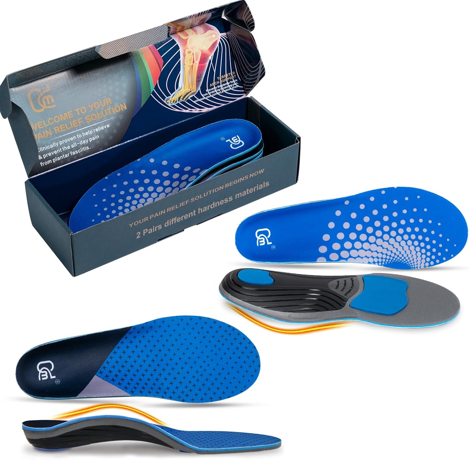 AOTENG STAR Plantar Fasciitis Insoles, High Arch Support Insoles for Plantar Fasciitis Relief Orthotic Shoe Insoles, 240+lbs Heavy Duty Shoe Inserts(Men 7.5-8 / Women 8.5-9(255mm), Blue)