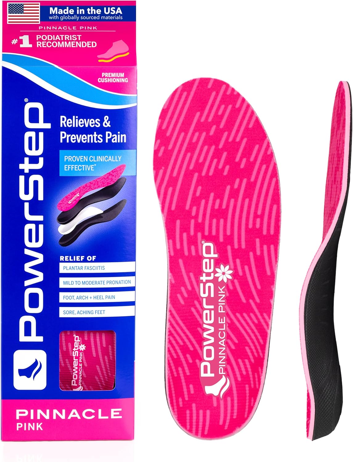 PowerStep Pinnacle Pink Orthotics for Women - Arch Support Inserts for Plantar Fasciitis Relief- Made in USA- Maximum Cushioning Arch Support, Deep Heel Cup for Pronation (W 7-7.5, M 5-5.5)