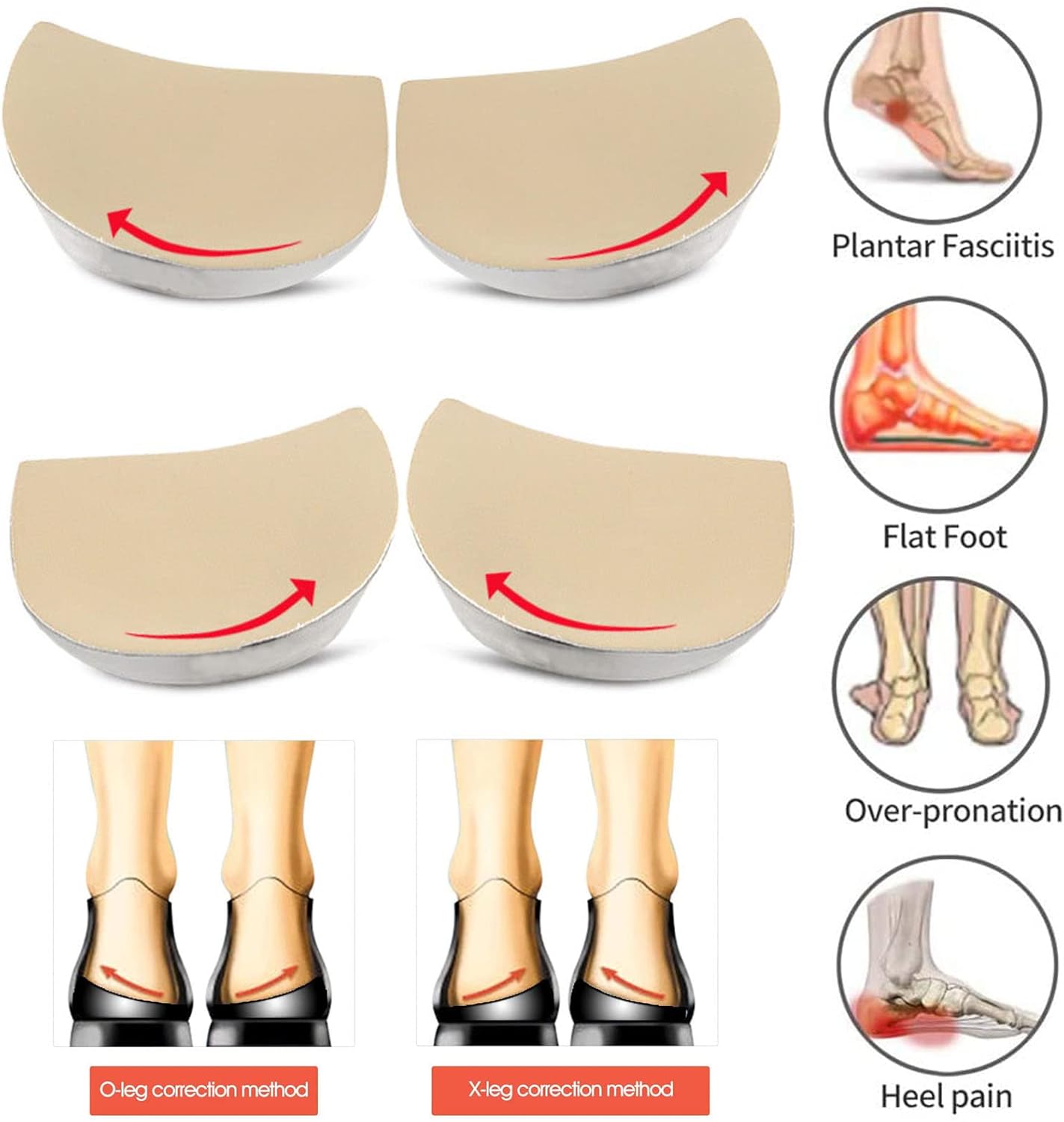 4 Pairs Medial Lateral Heel Corrective Insoles, Supination  Over-Pronation Leg Shoe Self-Adhesive Insert for O/X Type Legs Foot Alignment, Knee Pain, Bow Legs, Osteoarthritis