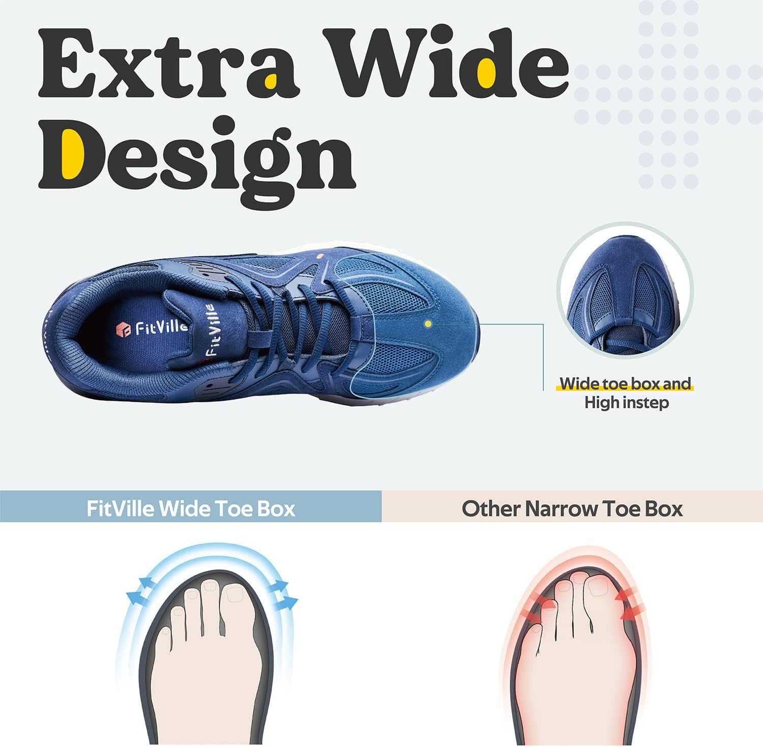 FitVille Extra Wide Walking Shoes for Men Wide Width Sneakers for Flat Feet Heel Pain Relief - Rebound Core