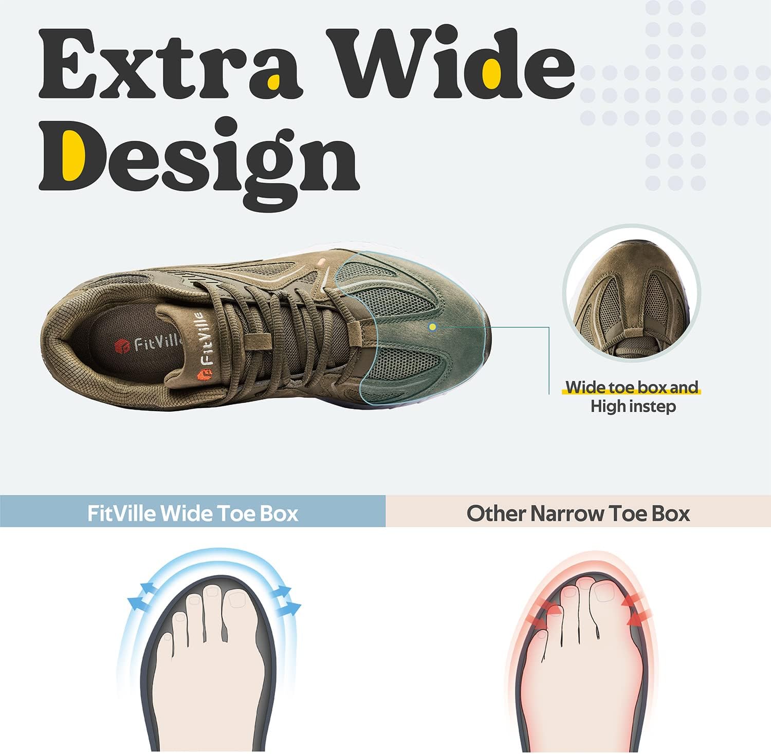 FitVille Extra Wide Walking Shoes for Men Wide Width Sneakers for Flat Feet Heel Pain Relief - Rebound Core
