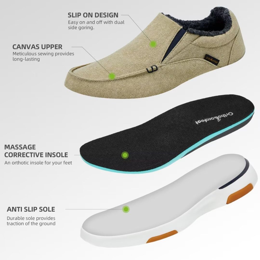 OrthoComfoot Mens Orthopedic Comfortable Slip-On Shoes with Arch Support, Orthotic Loafers for Plantar Fasciitis, Canvas Leisure Vintage Flat Walking Shoes for Foot and Heel Pain Relief